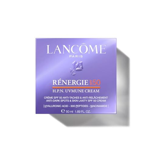 Confezione viola con nome del prodotto: Lancôme Rénergie H.P.N. Uvmune Cream SPF50. Con informazioni sugli ingredienti.