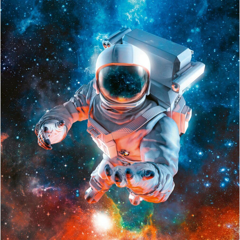 Astronauta nello spazio, fluttuante davanti a uno sfondo colorato di stelle e nebulose.