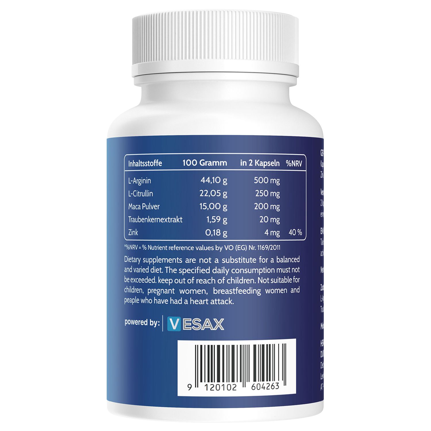 Retro del flacone. Ingredienti: L-Arginina, L-Citrullina, Maca, Estratto di semi d'uva, Zinco. Informazioni nutrizionali.