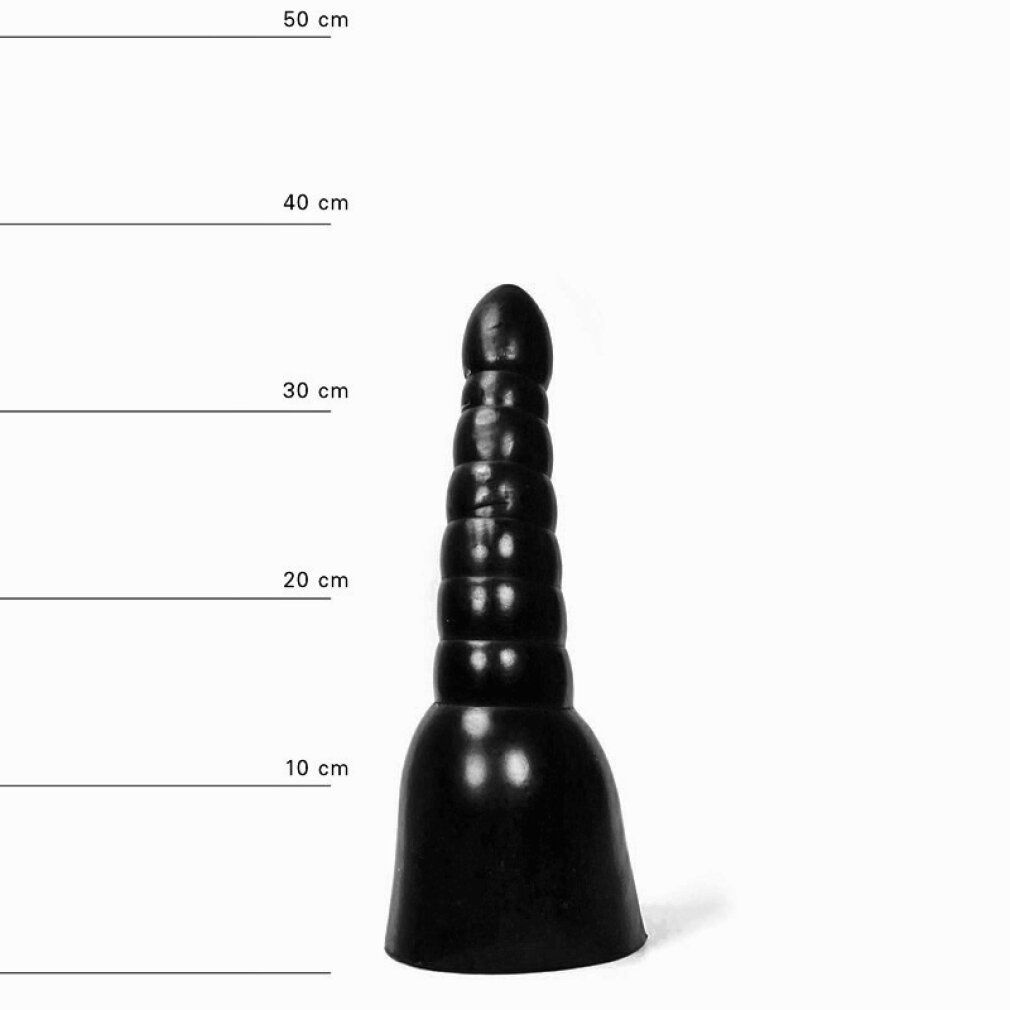 Dildo nero con superficie scanalata. Indicazioni di lunghezza in cm.
