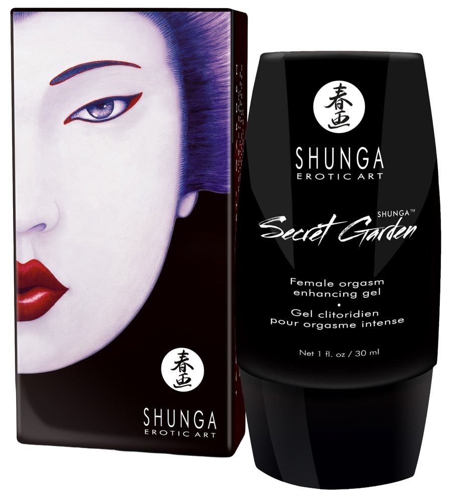 Flacone nero con testo. Shunga Erotic Art, Secret Garden, 1 fl. oz / 30 ml. Scatola con volto.