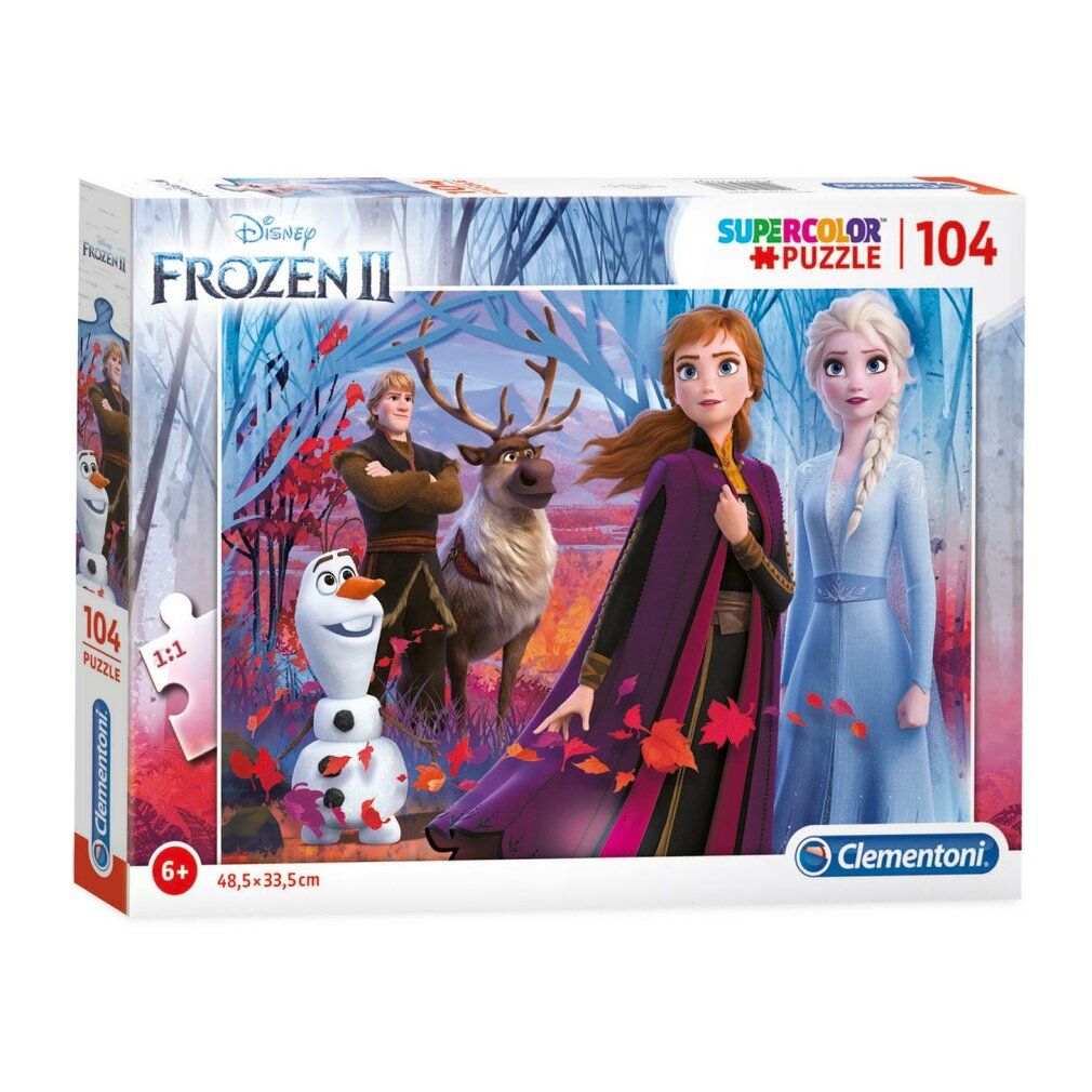 Puzzle Clementoni Frozen 2, 104 pezzi. Confezione con personaggi del film. Dimensioni: 48,5 x 33,5 cm. Età: 6+
