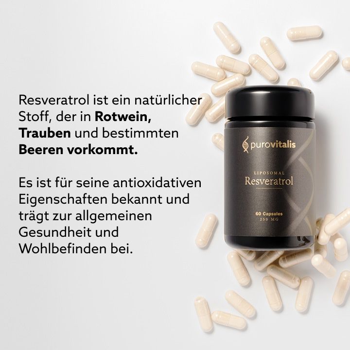Flacone nero 'Purovitalis Resveratrol' con capsule. Testo: 'Il resveratrolo è una sostanza naturale'.
