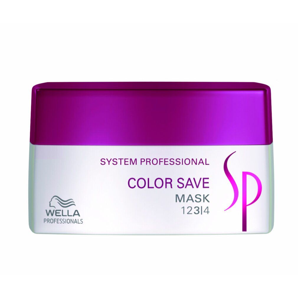 Barattolo bianco e viola. Scritta: Color Save Mask. System Professional. Logo Wella. Logo SP. Testo in inglese, francese, tedesco e italiano.