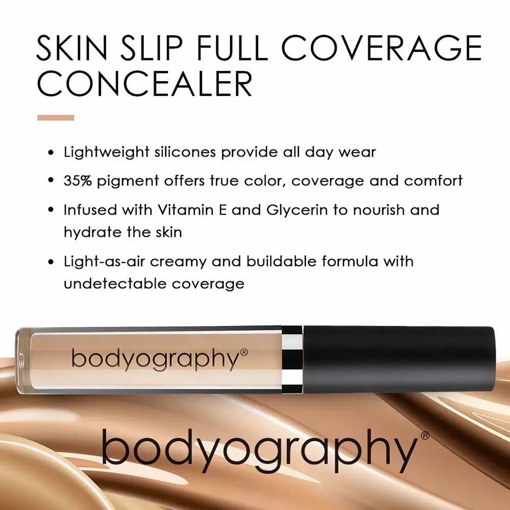 Tubetto di correttore con testo 'Bodyography'. Testo: 'Skin Slip Full Coverage Concealer'. Testo con informazioni.