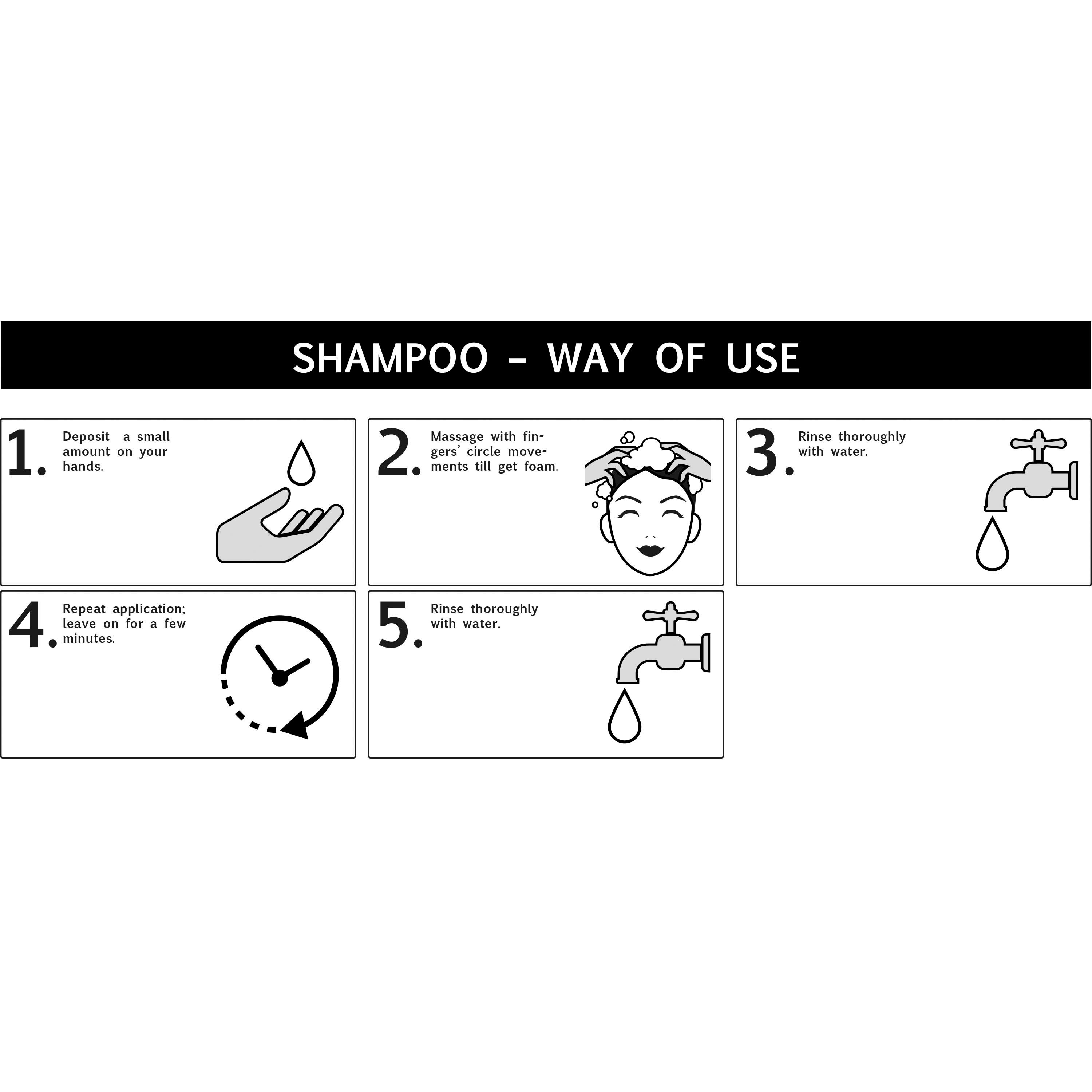 Istruzioni per l'uso dello shampoo. Le illustrazioni mostrano i passaggi: applicare, massaggiare, risciacquare.