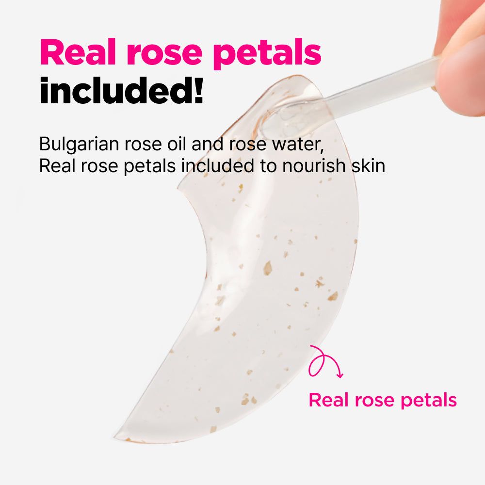 Cerotti per gli occhi con petali di rosa. Testo: Petali di rosa veri inclusi! Olio di rosa bulgara e acqua di rose.
