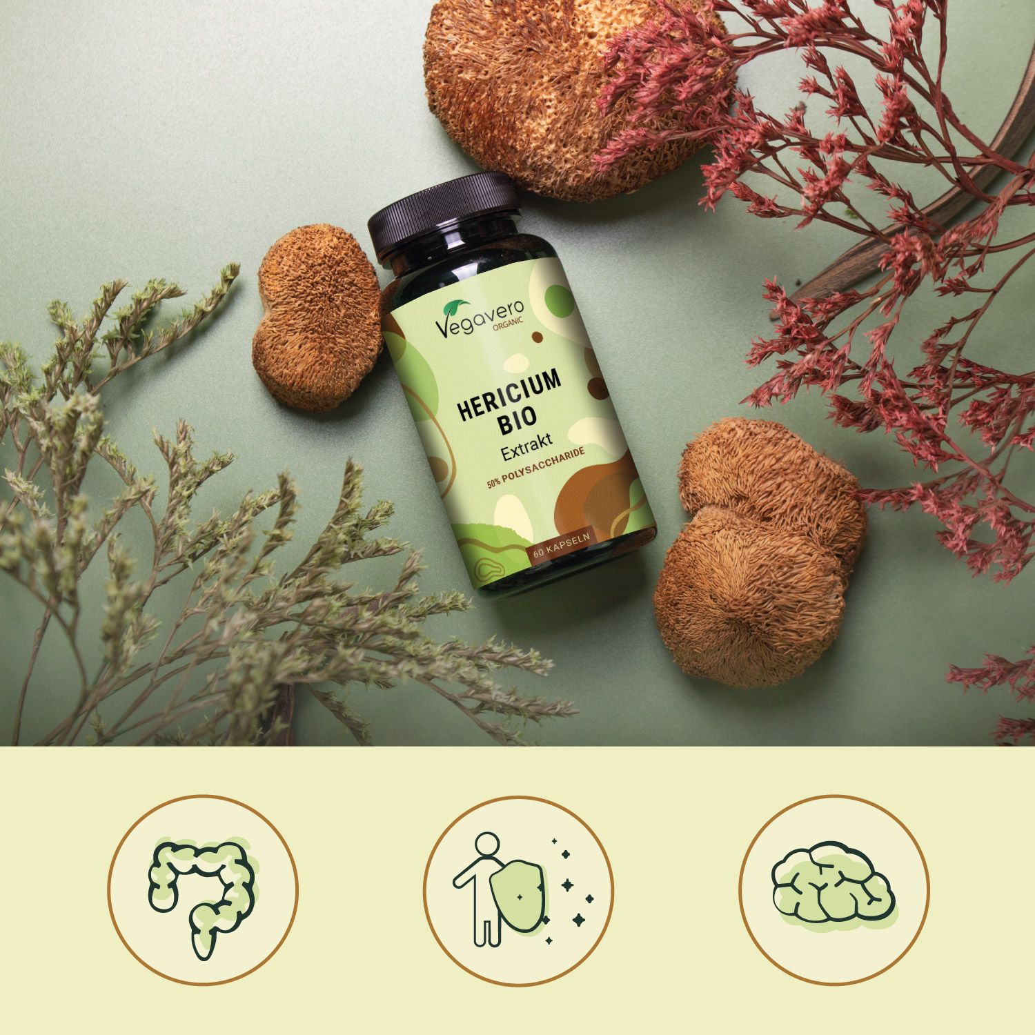 Flacone verde con tappo nero. Scritta: Hericium BIO Estratto, 50% polisaccaridi. 60 capsule. Con funghi secchi e piante.