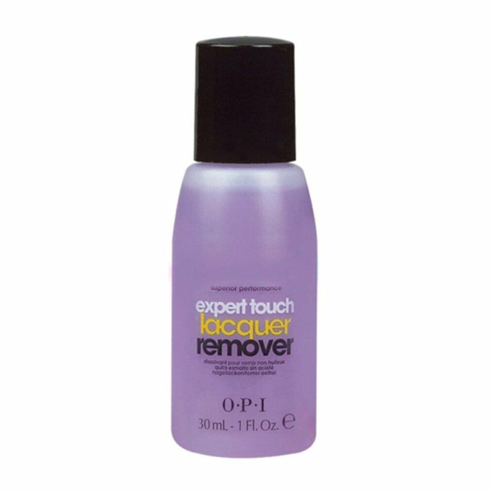 OPI Expert Touch solvente per unghie. Bottiglia piccola con tappo nero. Liquido viola. Etichetta del prodotto.