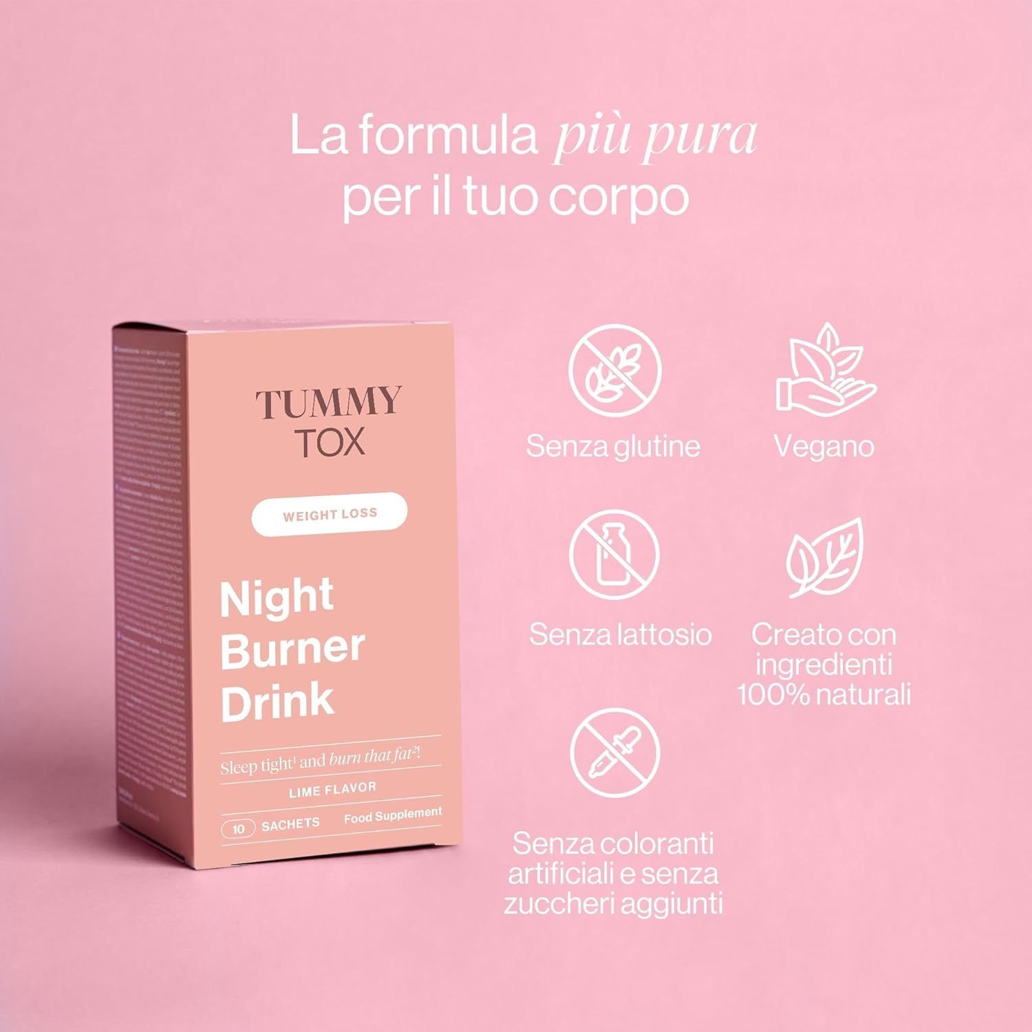 Scatola rosa con Night Burner Drink. Loghi: senza glutine, vegano, senza lattosio, a base di ingredienti naturali, senza coloranti e zuccheri aggiunti.