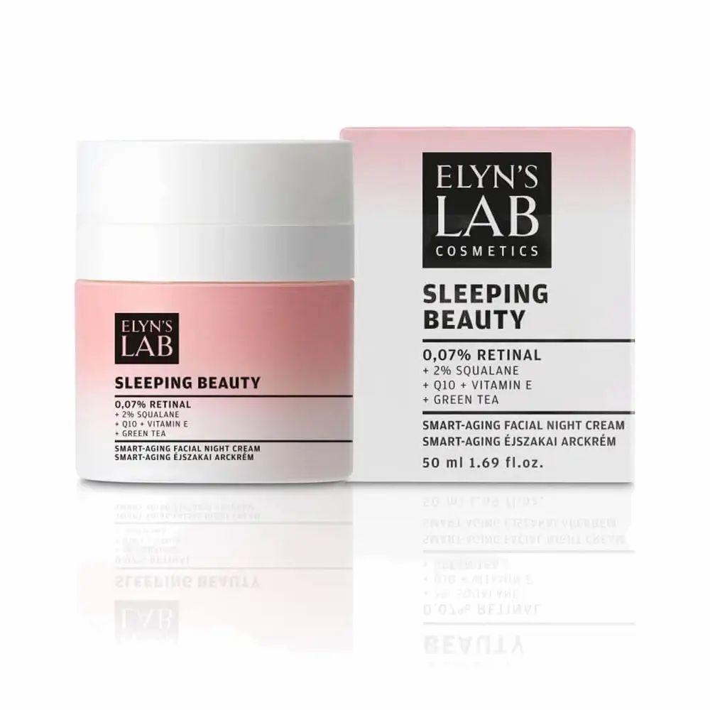Vaso di crema e scatola con accenti rosa. Scritta: ELYN'S LAB Sleeping Beauty 0,07% Retinal. 50 ml.