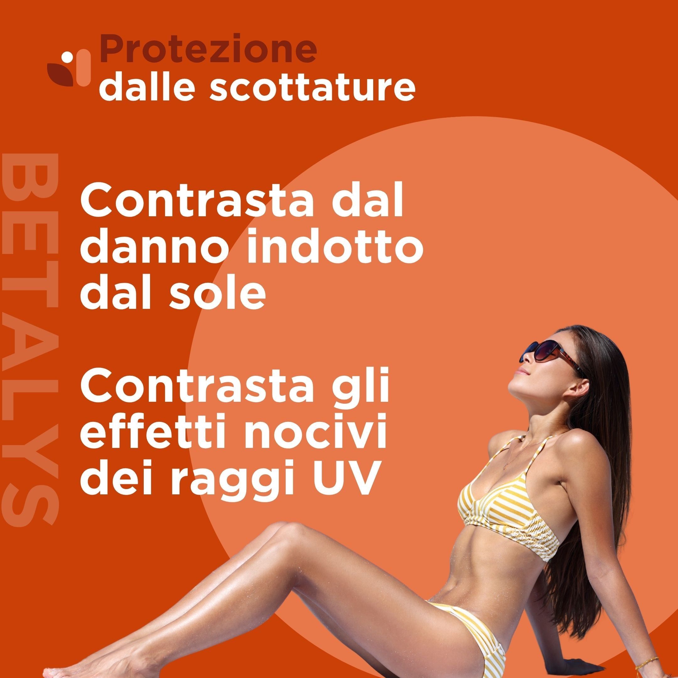 Donna in bikini, occhiali da sole. Testo: Betalys, Protezione dalle scottature, Contrasta dal danno indotto dal sole, Contrasta gli effetti nocivi.