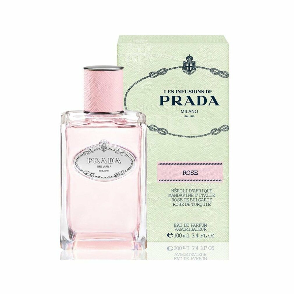 Flacone di profumo e confezione. Scritta: Prada Les Infusions de Rose.