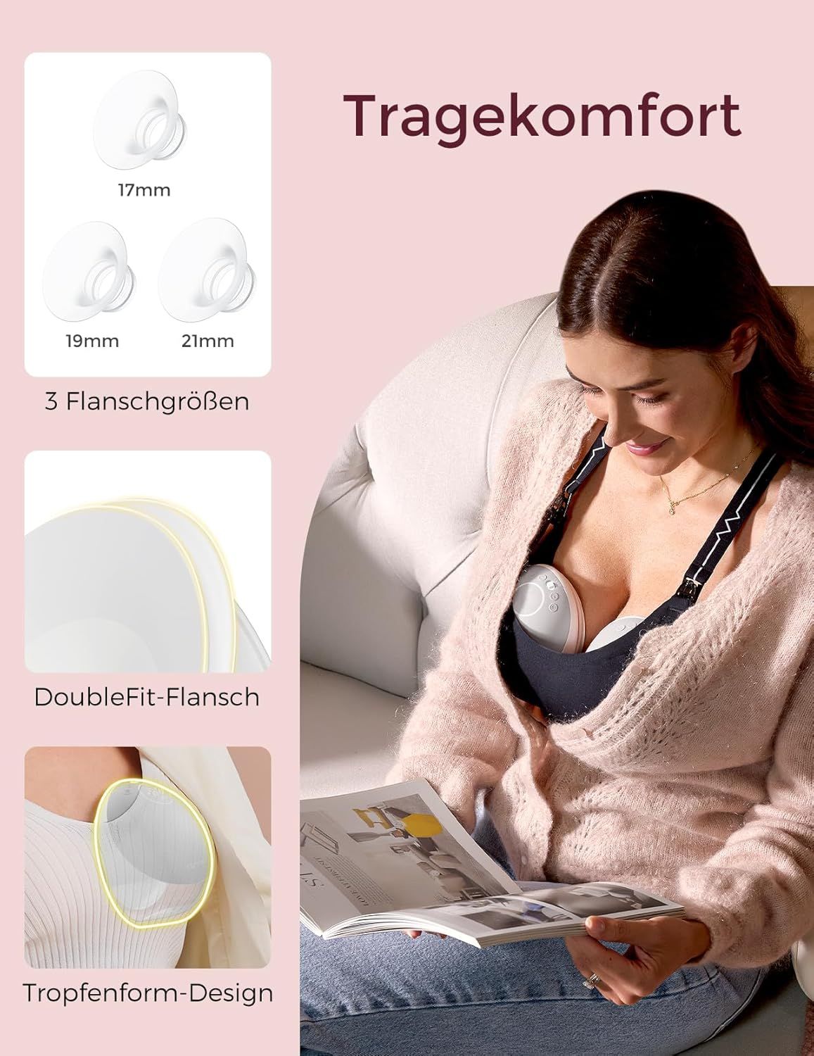 Tiralatte Momcozy: 3 misure flangia (17, 19, 21mm), DoubleFit, design a goccia.