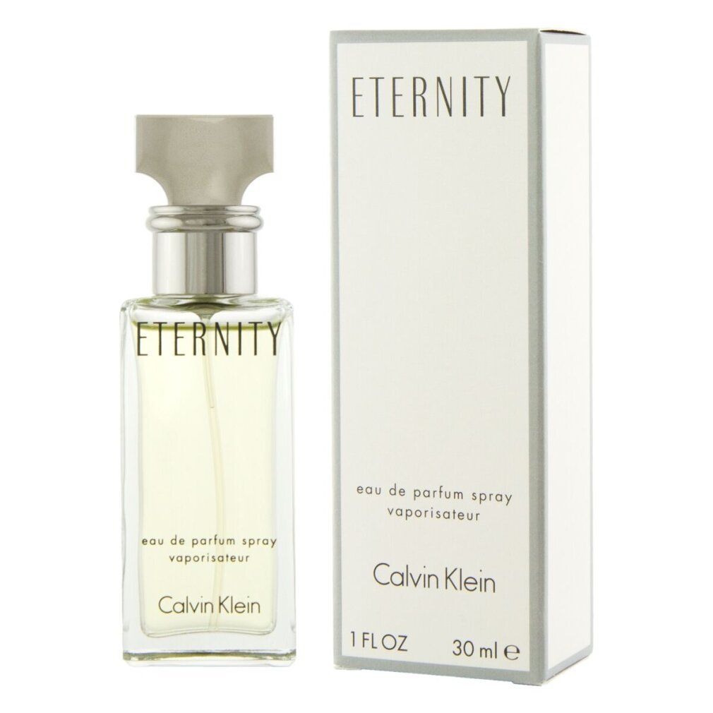 Flacone Eternity Eau de Parfum Spray e confezione Calvin Klein. Scritte: Eternity, Calvin Klein, 1 FL OZ, 30 ml e.
