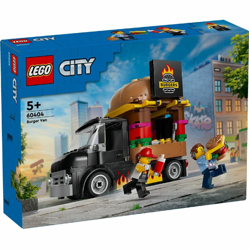 Scatola LEGO City 60404. Mostra un food truck nero con struttura a forma di hamburger, personaggi e hamburger. Scritta: BURGERS.