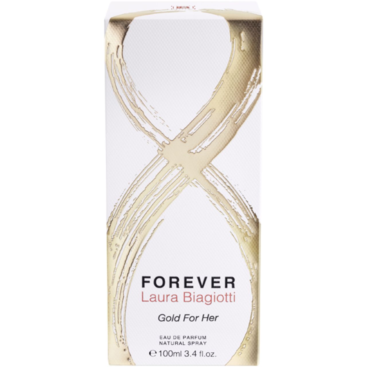 Confezione profumo bianca e dorata. Scritta: Forever Laura Biagiotti, Gold For Her, EdP Nat.Spray.