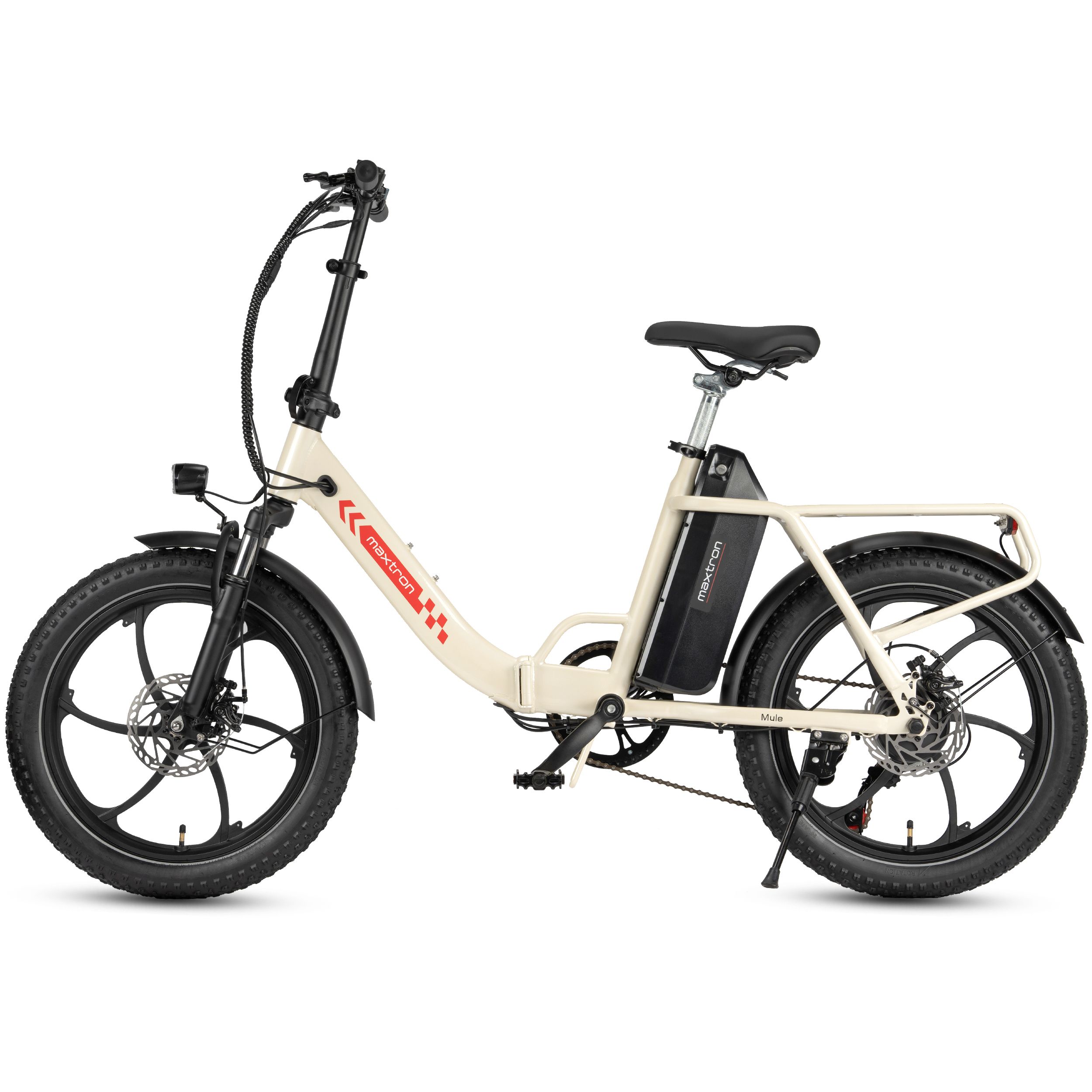 E-bike pieghevole crema, pneumatici neri, logo Maxtron. Portapacchi, batteria, faro.