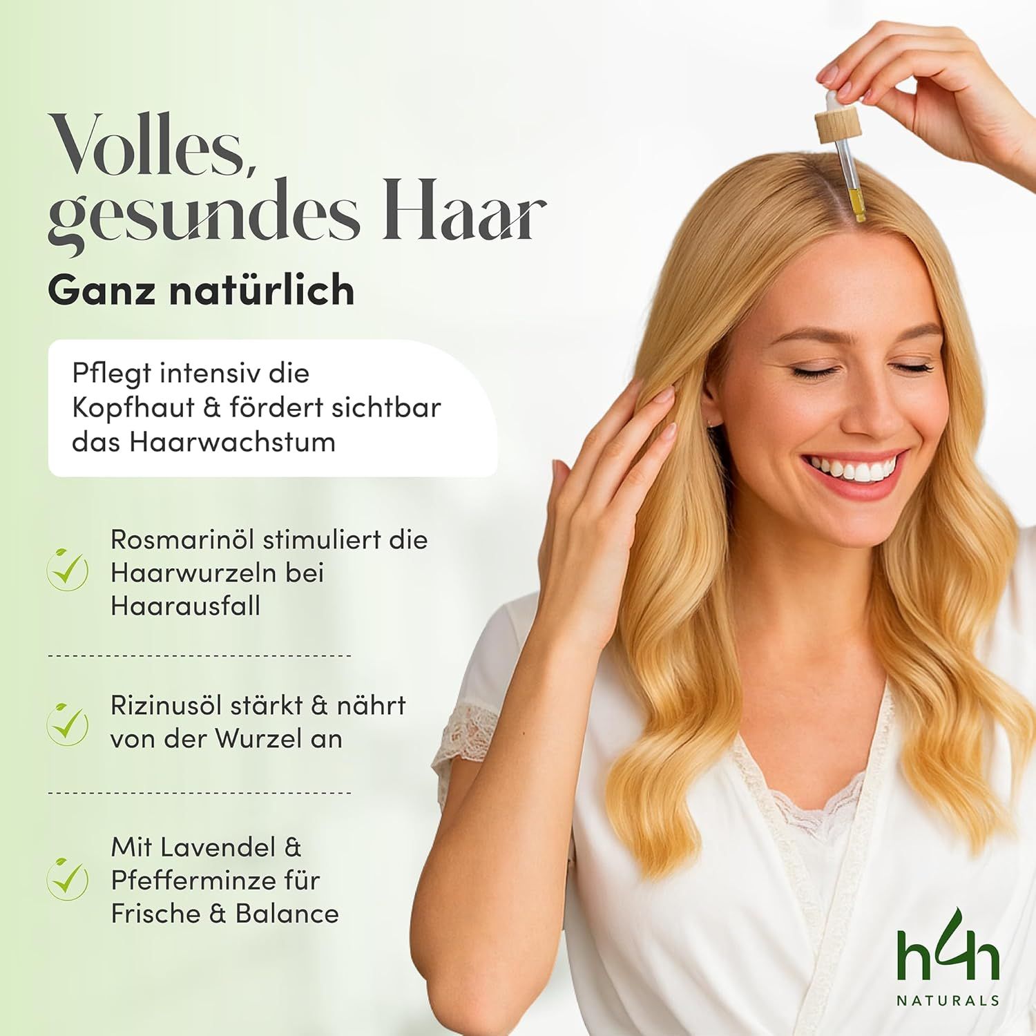 Donna bionda applica prodotto per capelli con contagocce. Testo: Capelli pieni e sani. Logo H4H Naturals.