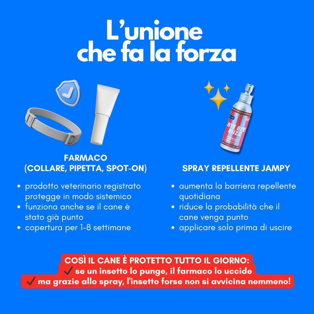 Sfondo blu con testo e immagini dei prodotti. Testo: L'unione fa la forza. Prodotti: collare, spot-on, spray.