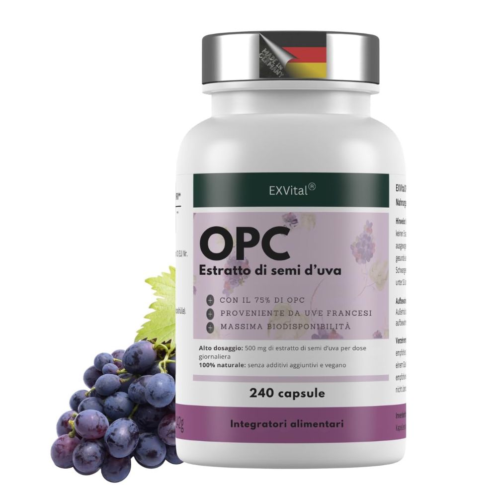 Flacone EXVital OPC estratto di semi d'uva con informazioni nutrizionali e sigilli.