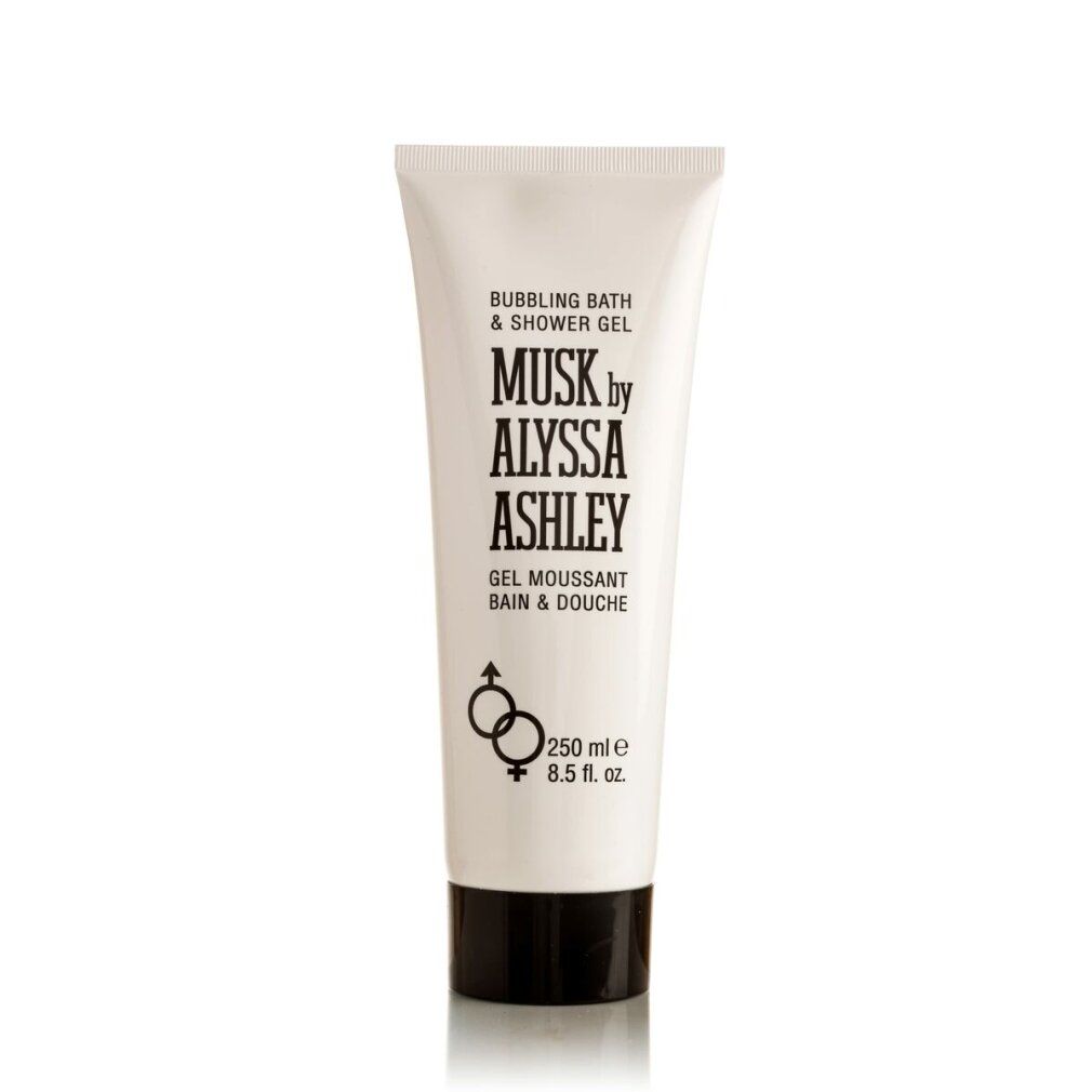 Tubo bianco con tappo nero. Scritta: Musk by Alyssa Ashley. Gel Mousant Bain & Douche. 250 ml. Simboli uomo e donna.