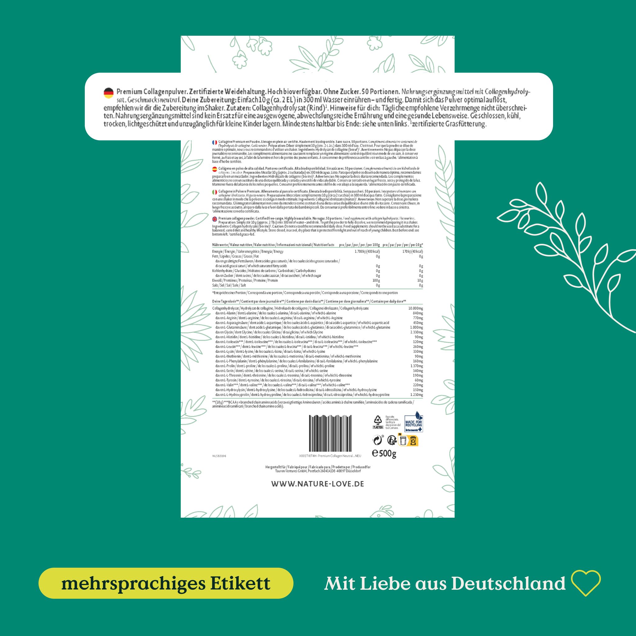 Retro della confezione con etichetta multilingue. Testo in tedesco, informazioni sugli ingredienti e sui valori nutrizionali. Fatto in Germania.