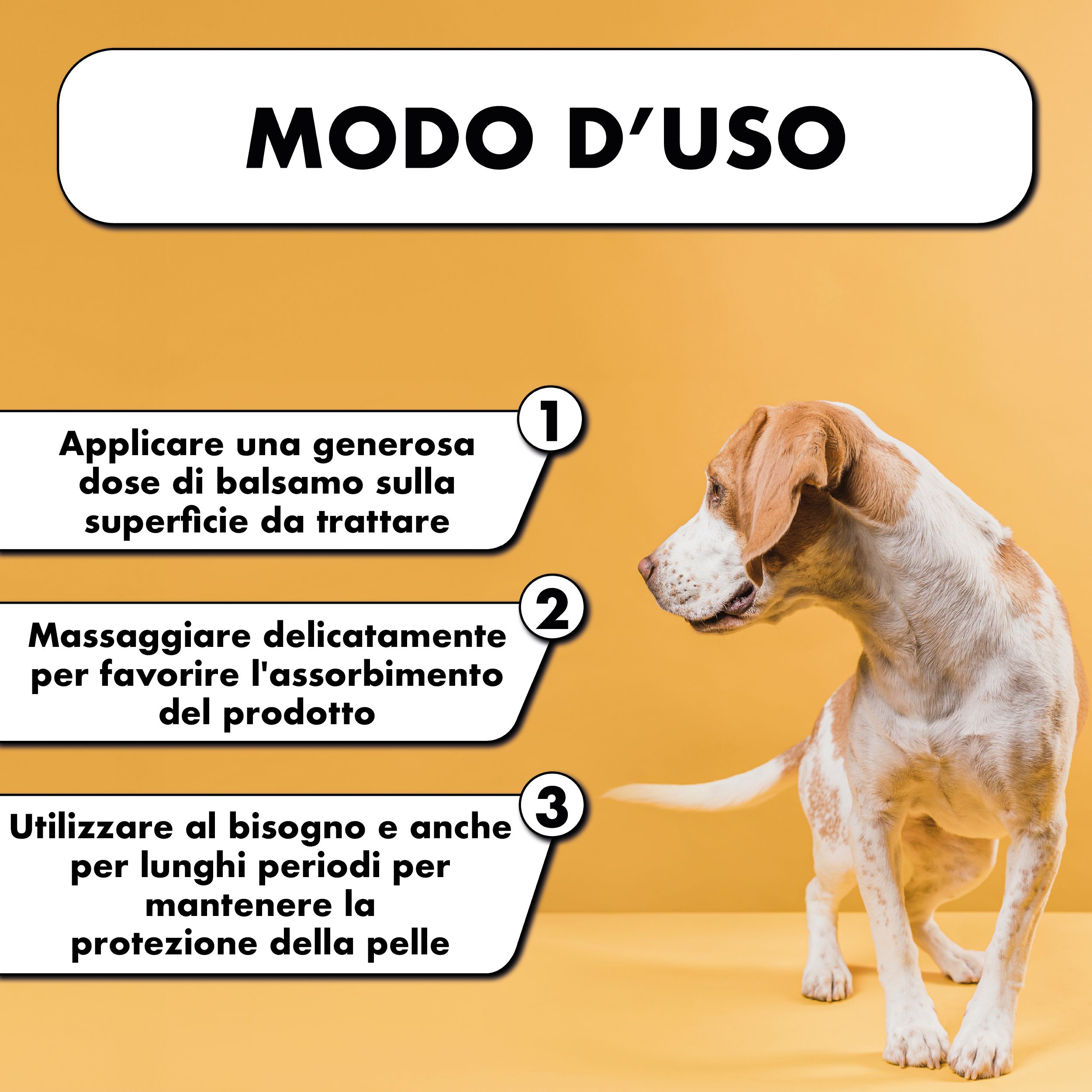 Sfondo giallo, cane. Testo: Modo d'uso. 3 passaggi: applicare, massaggiare, utilizzare all'occorrenza.