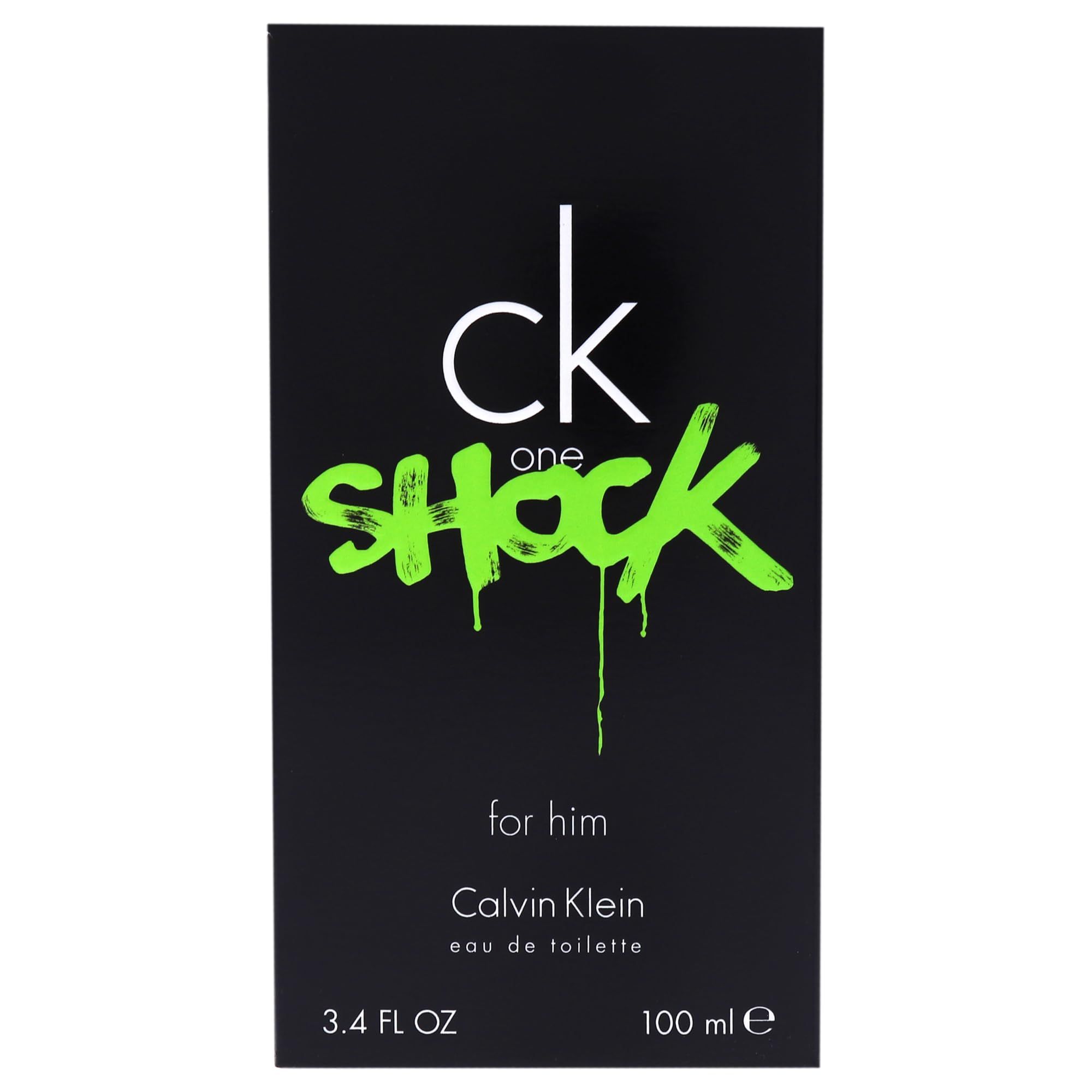 Confezione nera con scritta bianca e verde. Scritta: ck one SHOCK for him Calvin Klein.
