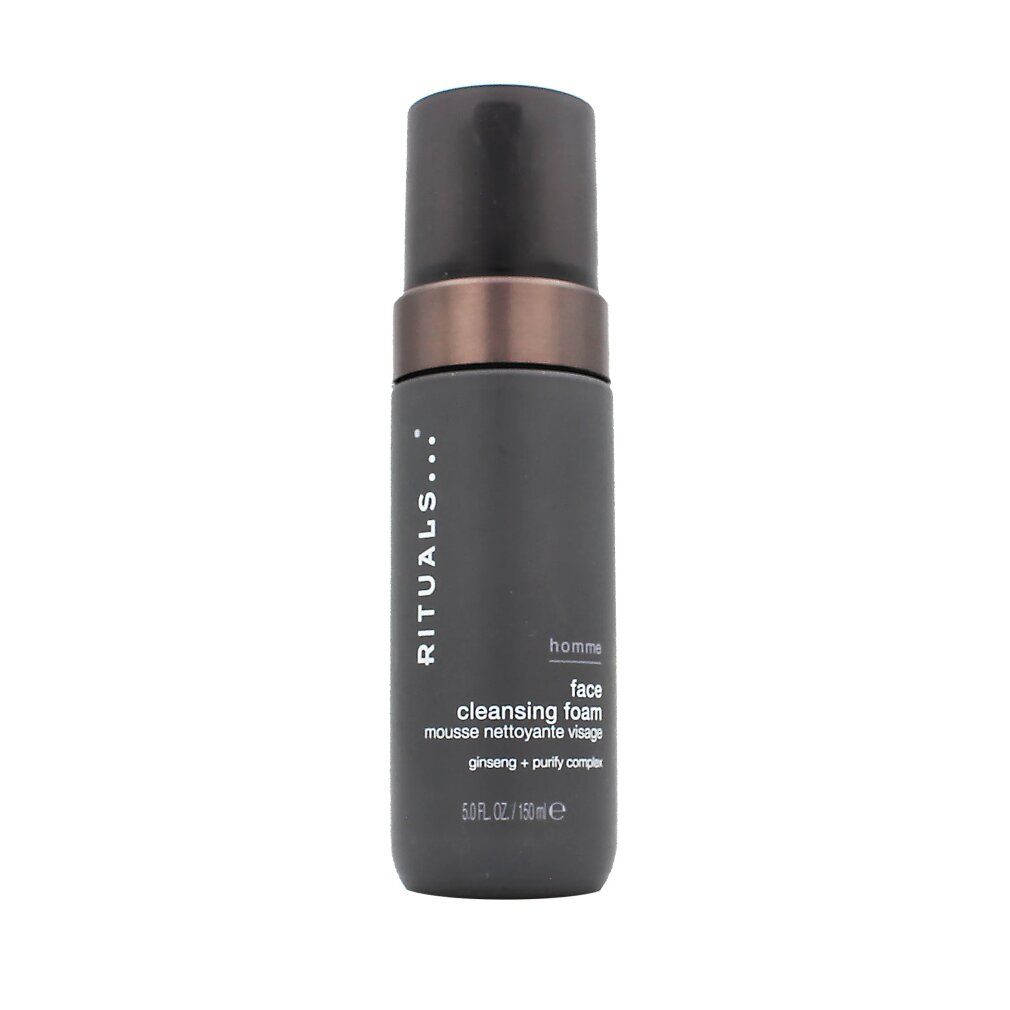 Flacone scuro con logo Rituals e nome del prodotto. Tappo nero, anello marrone. Scritta: cleansing foam.