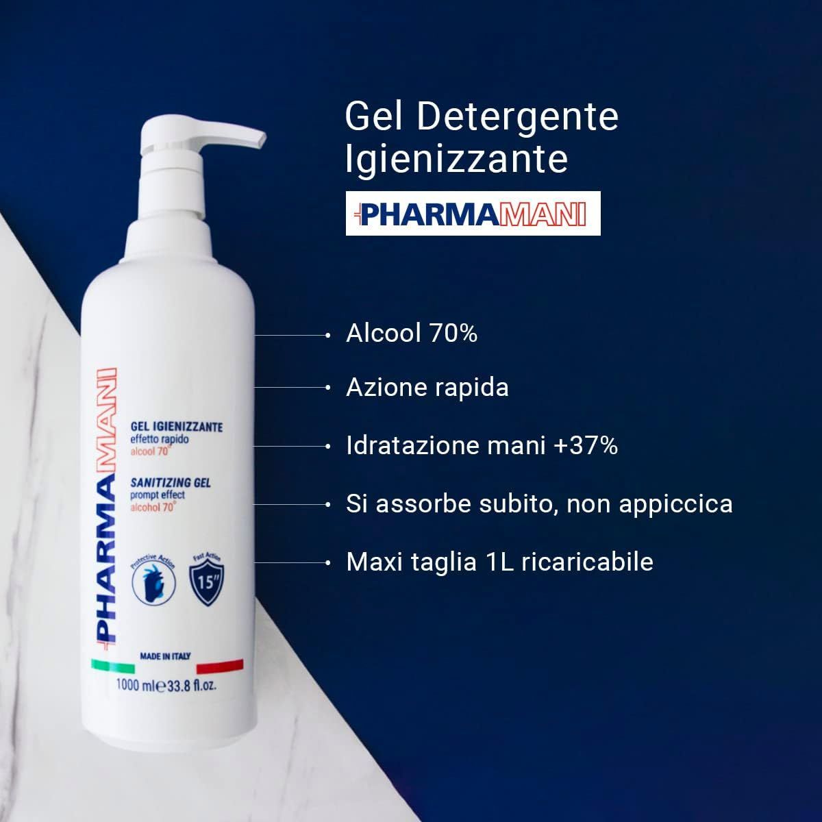 Flacone bianco PHARMAMANI con dosatore. Testo: Gel Detergente Igienizzante, Alcool 70%, Azione rapida, Idrat. mani +37%, Maxi taglia 1L.