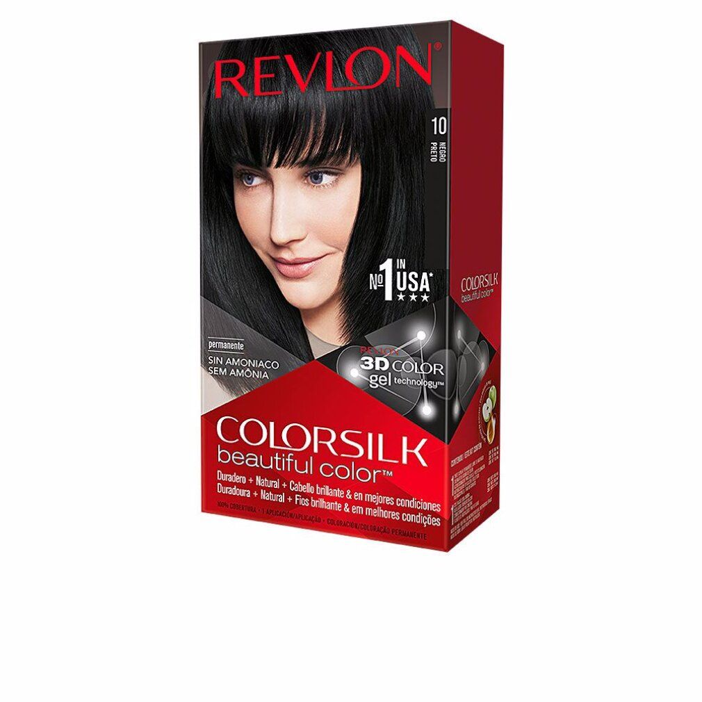 Confezione di tintura per capelli. Contiene Colorsilk 10 Black. Immagine di donna con capelli neri. Testo: Senza ammoniaca.