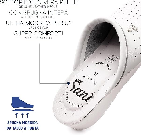 Vista interna di uno zoccolo in pelle bianca. Testo: 'SOTTOPIEDE IN VERA PELLE' e 'Sani'. Taglia 37.