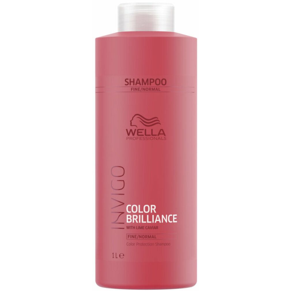 Flacone di shampoo rosso con tappo bianco. Scritta: Invigo Color Brilliance, Wella Professionals. 1 litro.