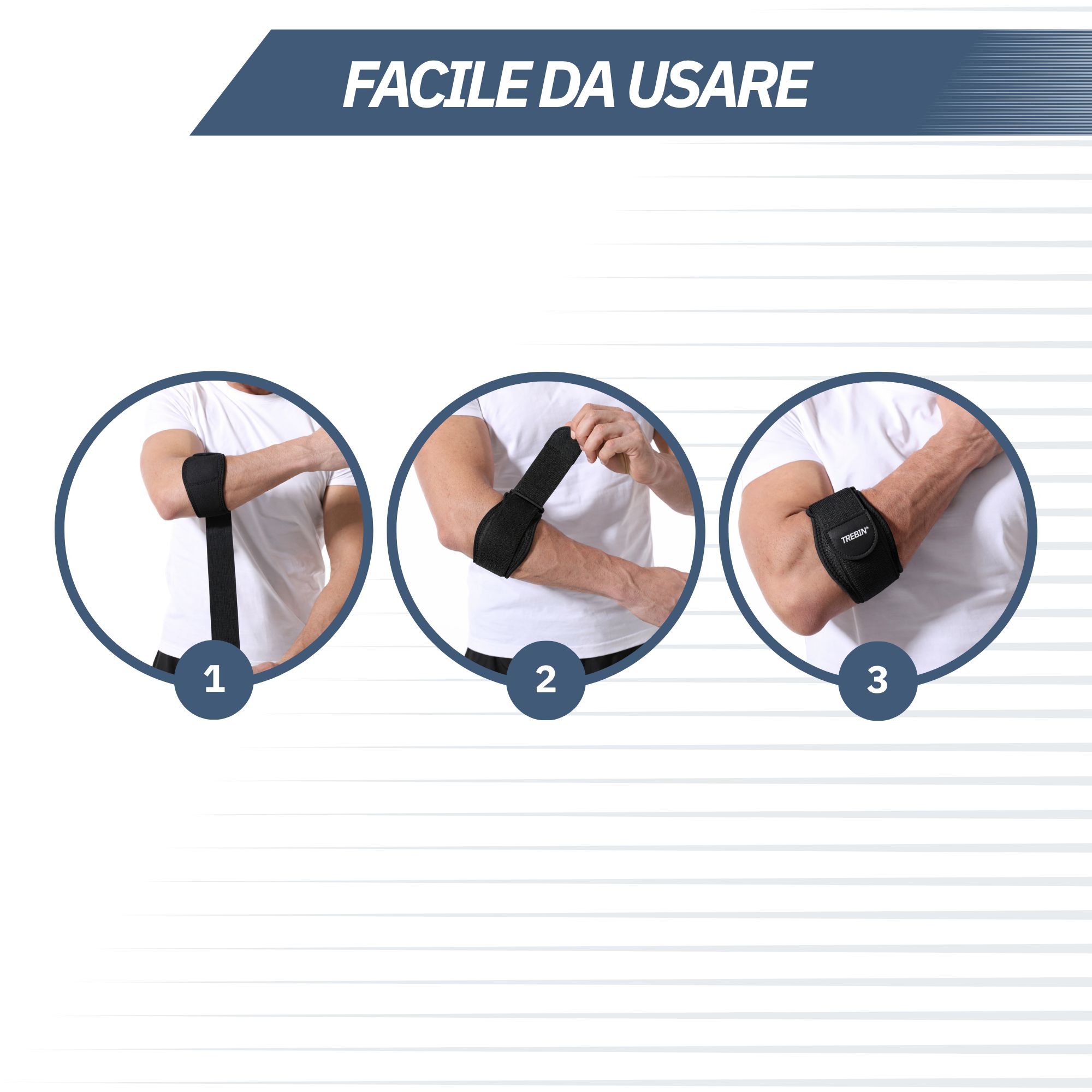 Passaggi per indossare un tutore per gomito: applicare, chiudere, regolare.