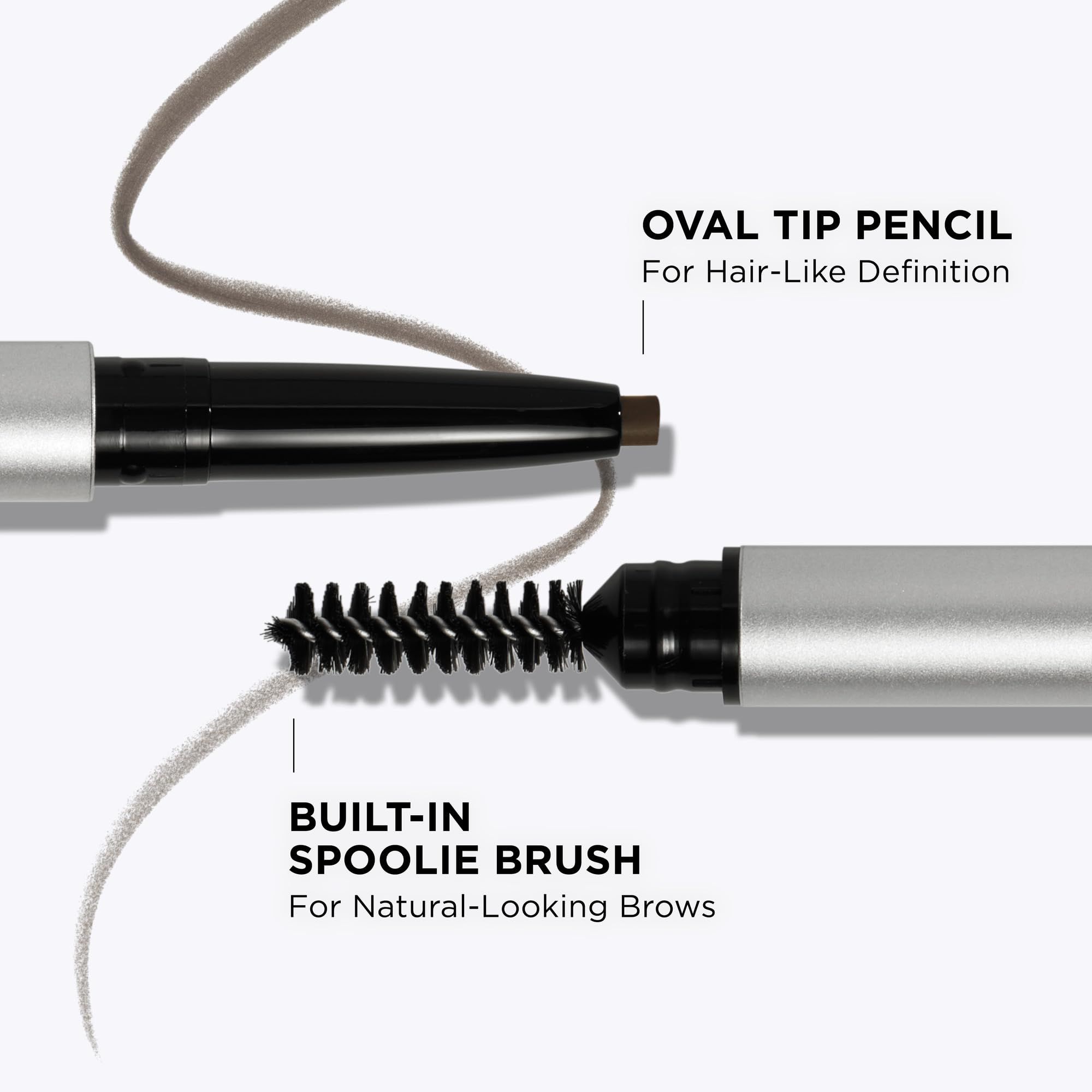 Matita per sopracciglia con punta ovale e spazzola. Testo: « Oval Tip Pencil » e « Built-in spoolie brush ».