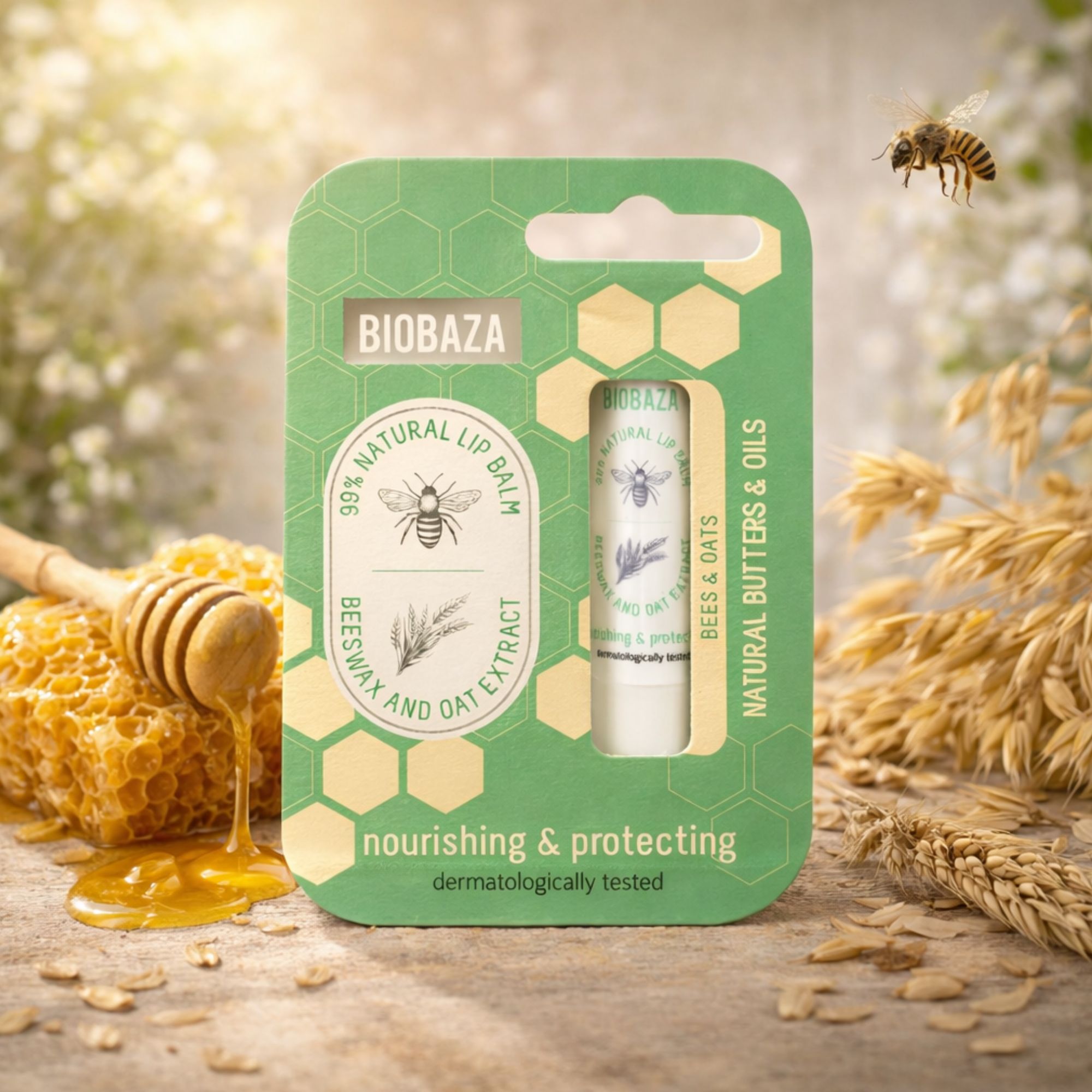 Confezione verde con stick di balsamo per labbra. Sulla confezione è presente la scritta "BIOBAZA", "99% NATURAL LIP BALM" e "BEESWAX AND OAT EXTRACT".