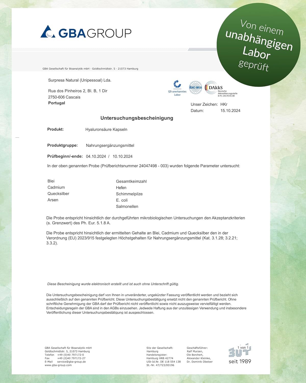 Rapporto di laboratorio per le capsule di acido ialuronico Surpresa Natural, testato da GBA GROUP.