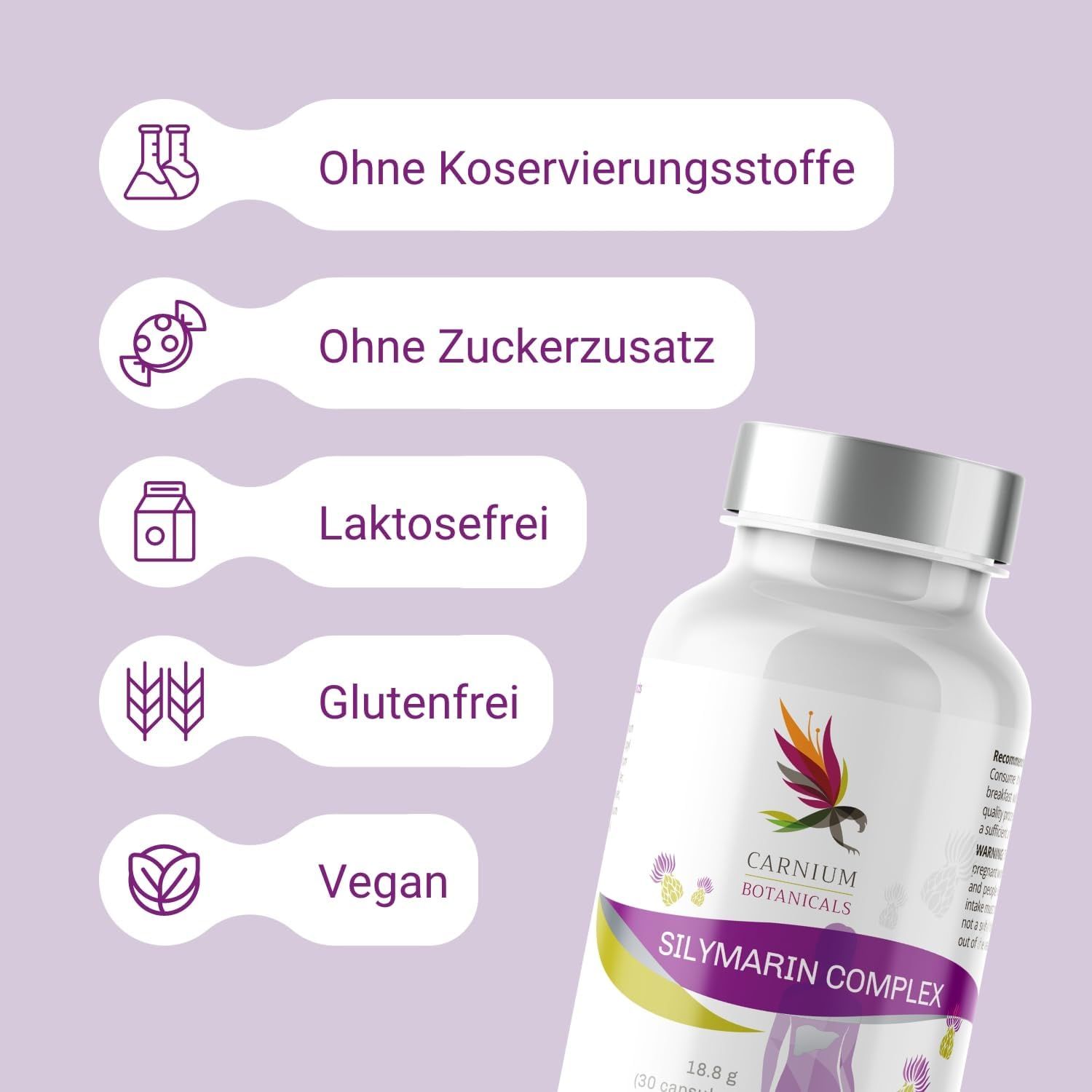 Flacone del prodotto con testo. Scritta: Carnium Botanicals Silymarin Complex. Testo: Senza conservanti, zuccheri aggiunti, senza lattosio, senza glutine, vegano.