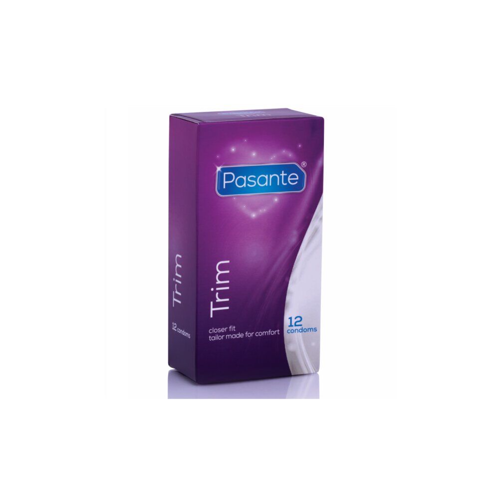 Confezione di preservativi Pasante Trim. Scatola viola con nome del prodotto e 12 preservativi. Closer Fit.