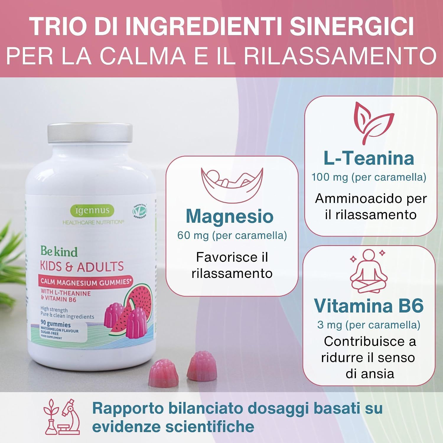 Igennus Calm Magnesium Gummies: Trio di ingredienti sinergici per la calma.
