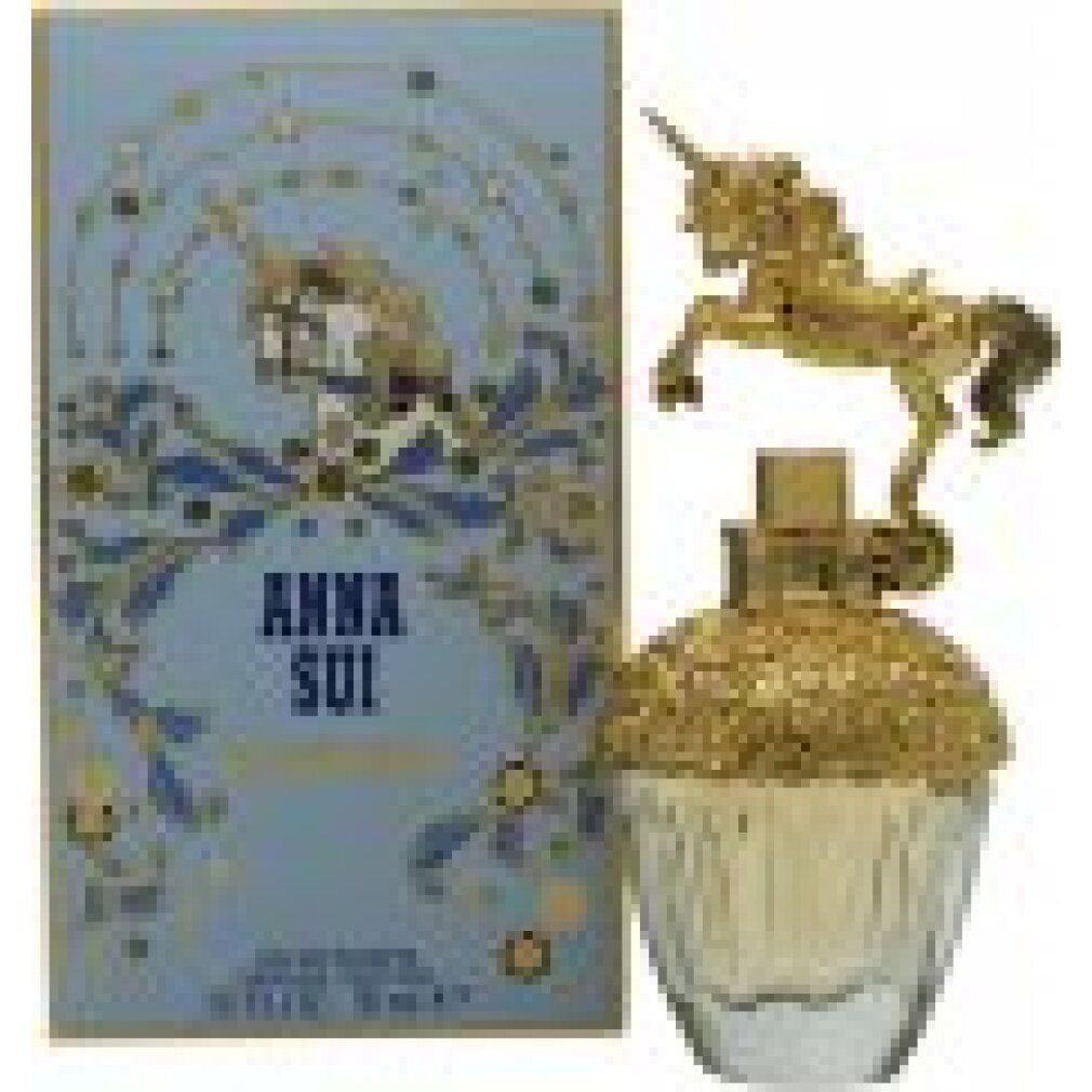 Flacone di profumo con tappo a unicorno dorato e scatola blu con scritta 'Anna Sui Fantasia'.