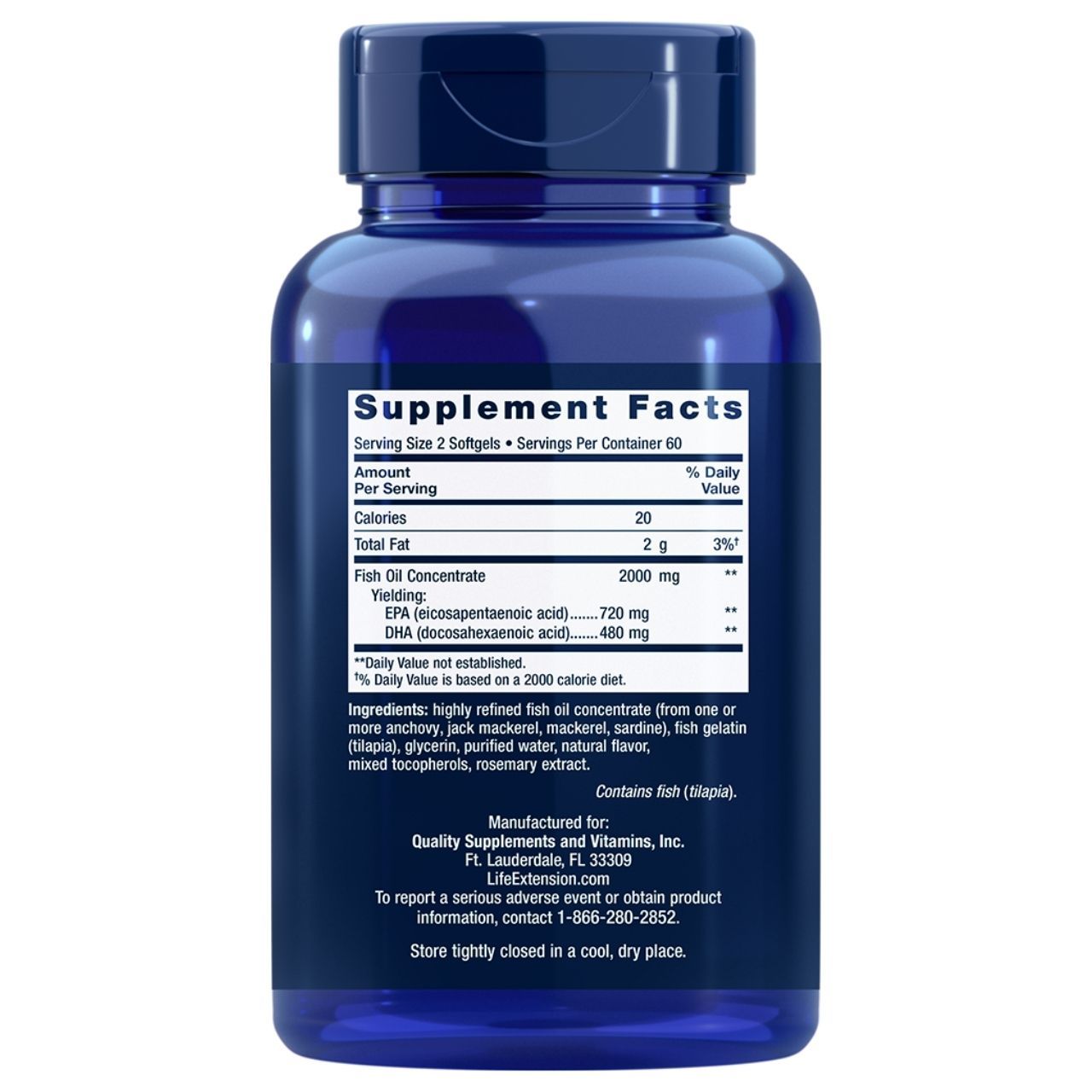 Retro di un flacone Life Extension Mega EPA/DHA con informazioni nutrizionali e ingredienti. 120 softgel.