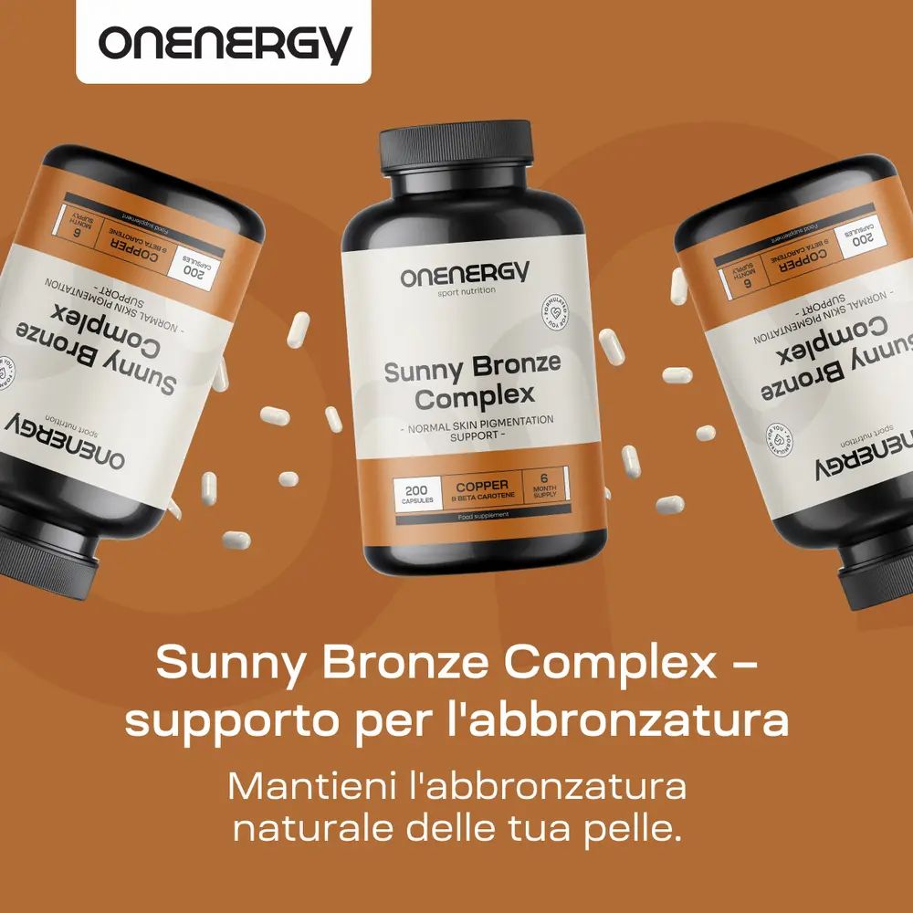 Donna al sole, accanto a una confezione di OnEnergy Sunny Bronze Complex.