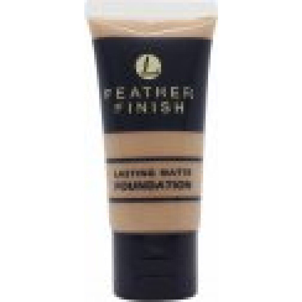 Tubo di fondotinta con scritta 'Feather Finish' e 'Lasting Matte Foundation'.