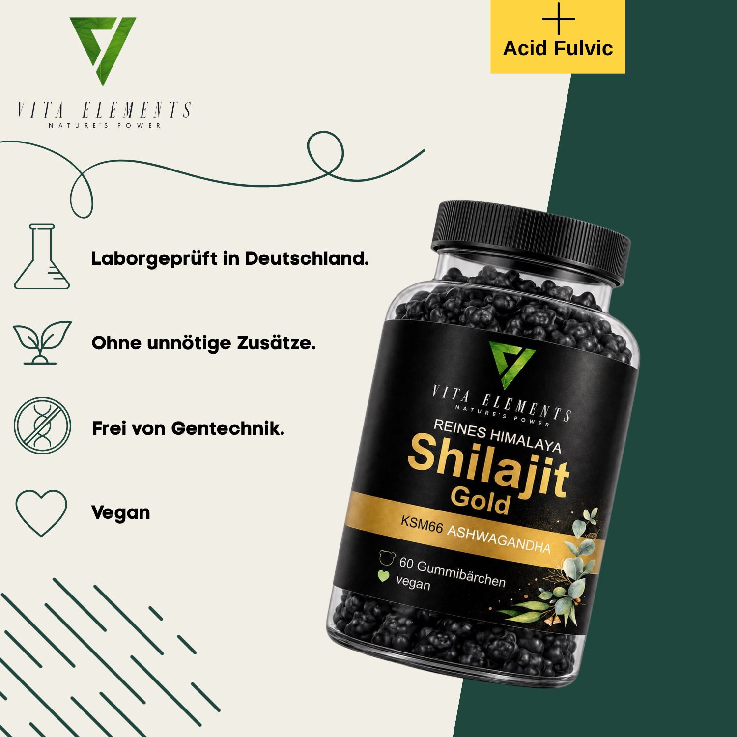 Flacone da 60 gommose vegane Shilajit Gold, testato in laboratorio.