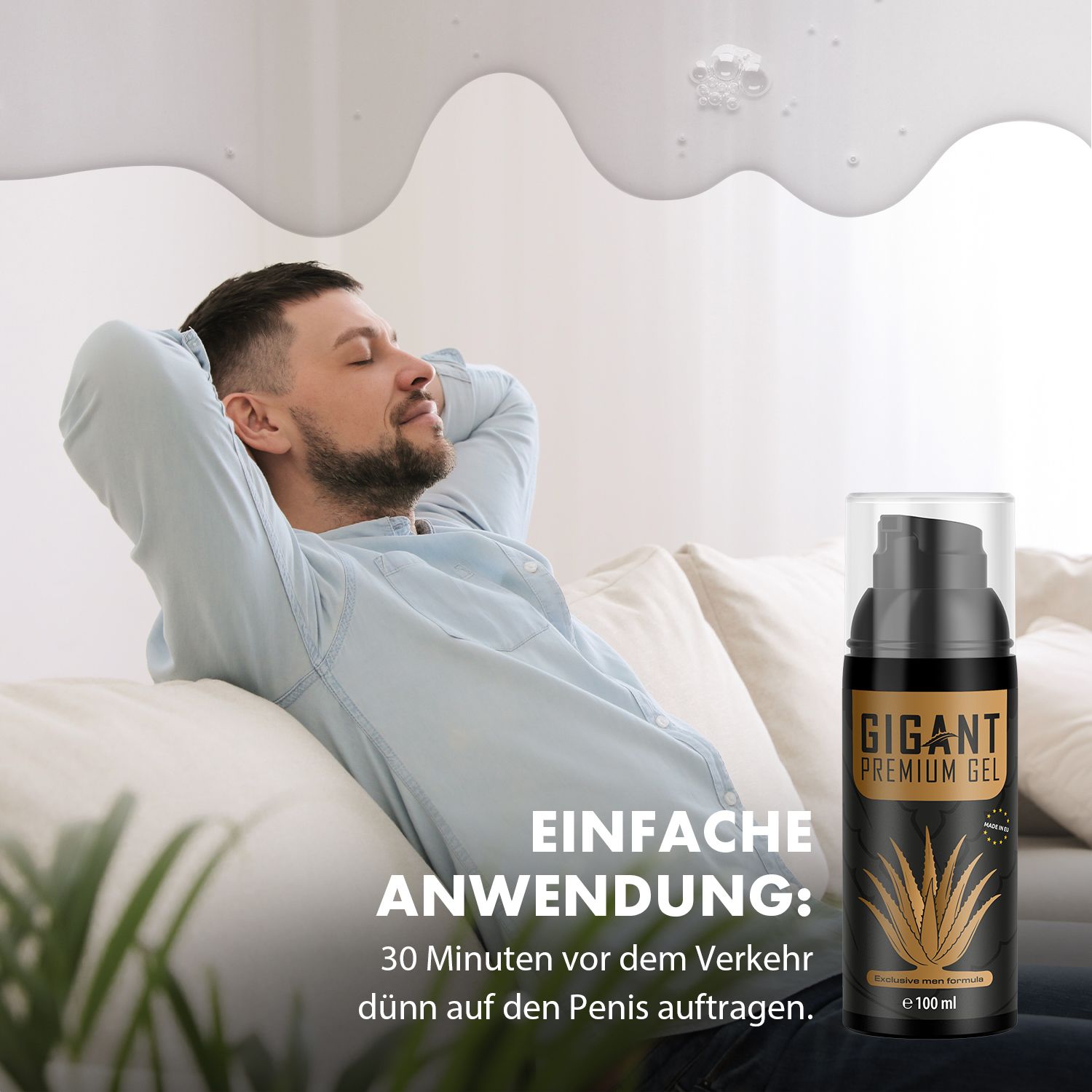 Flacone nero con etichetta dorata. Scritta: GIGANT PREMIUM GEL. Motivo aloe vera. E 100 ml. Uomo rilassato sul divano.