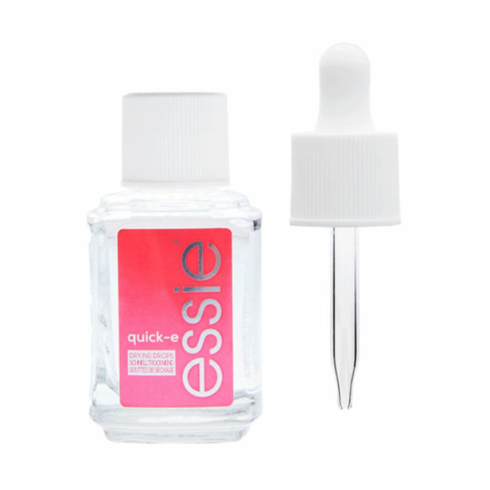 Essie Quick-e gocce asciugatura. Flacone in vetro trasparente, etichetta rosa, tappo bianco e contagocce separato.