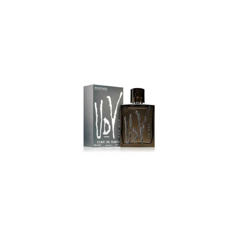 Ulric De Varens Men Eau De Toilette Spray. Flacone e scatola rettangolari. Confezione grigia con scritta bianca. Flacone con liquido marrone.