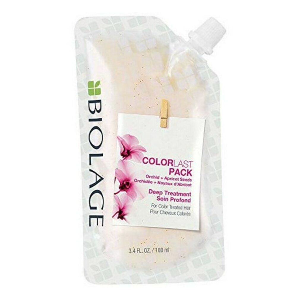 Biolage Colorlast Deep Treatment Pack. Bustina di prodotto, sfondo bianco. Testo: Colorlast Pack, Deep Treatment, 3.4 fl. oz. / 100 ml.
